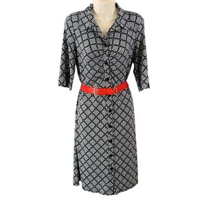 Laundry Button-Front Black & White Geometric Shirt Dress with Red Belt